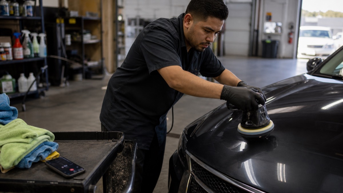 An auto detailer polishing the hood of a dark car with a buffer while a phone rings unanswered on a cart beside him