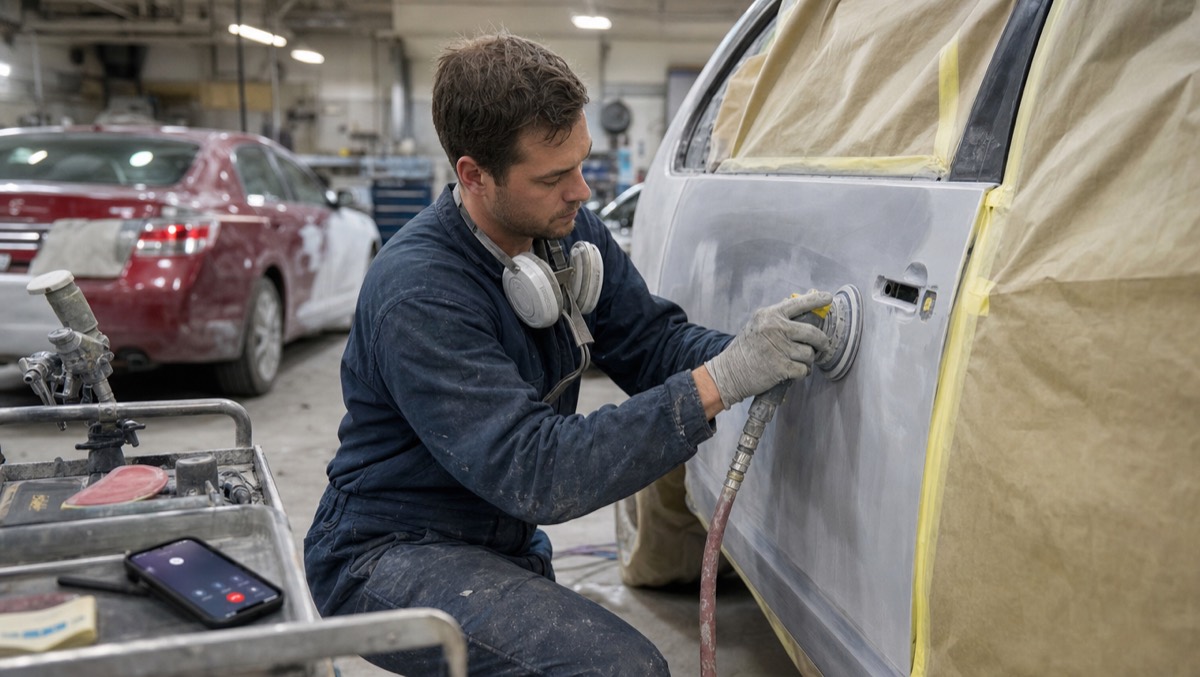 An auto body technician sanding a primed car door in a collision repair shop while a phone rings unanswered on the tool cart
