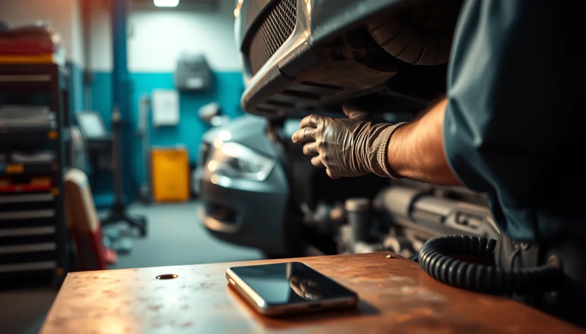 An auto mechanic working under a car hood in a repair shop while a phone sits ringing, unanswered, on the workbench