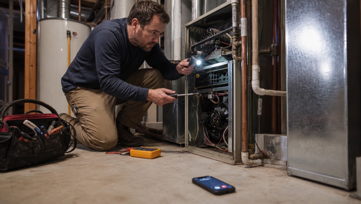 An HVAC technician kneeling at an open furnace in a basement with a flashlight and screwdriver while a phone rings unanswered on the floor