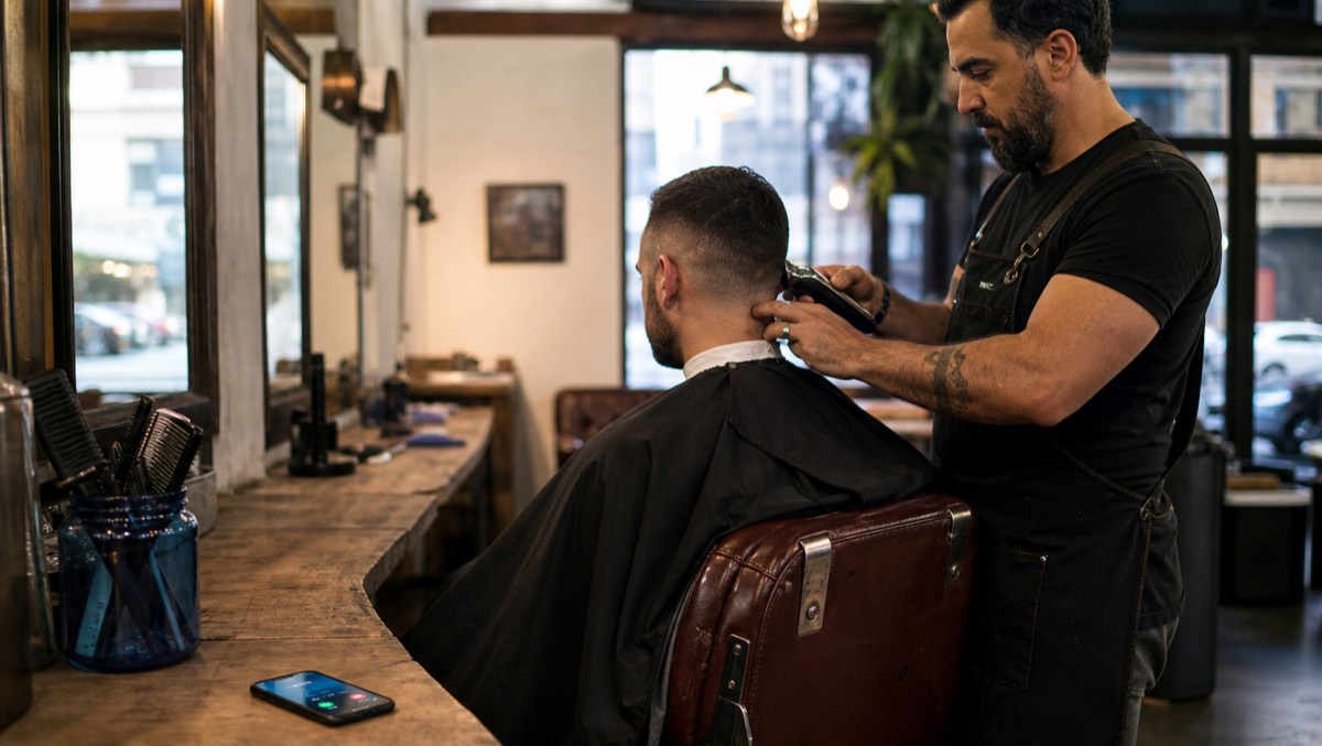 A barber trimming a client's hair in a barbershop while a phone rings unanswered on the counter